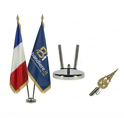 kit éco 2 hampes + drapeau national + drapeau personnalisé avec frange dorée