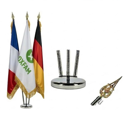 kit éco 3 hampes + 2 drapeaux nationaux + 1 drapeau personnalisé avec frange dorée